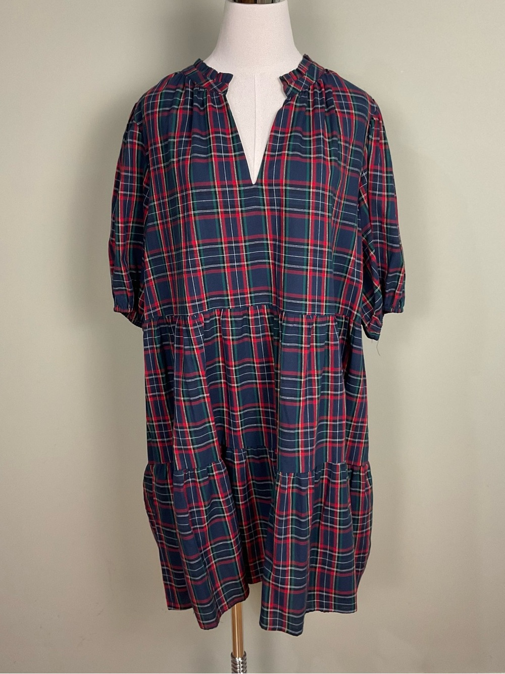 Sugarlips Plaid Tiered Babydoll Mini Dress Sz 3X Navy Red Tartan Split V-Neck